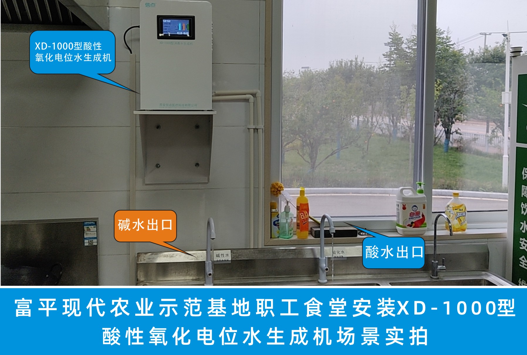 富平現代農業(yè)示范基地職工食堂安裝信點XD-1000型酸化水生成機消毒設備實拍展示.jpg